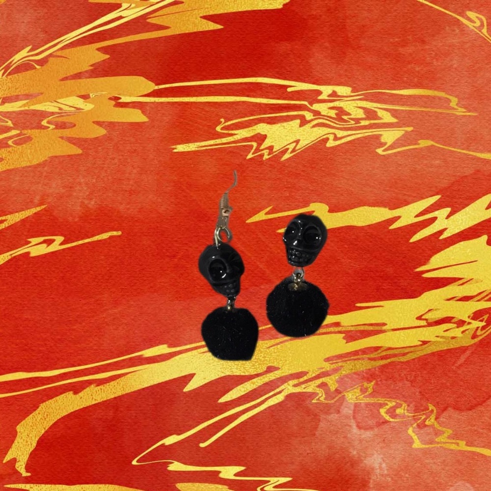 Pom pom Skull Dangle Earrings Midnight 2in long - Picture 5 of 7
